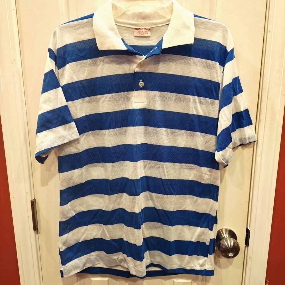 Vintage Michael Scott Polo Shirt Mens XL Blue White Striped Made USA 80s Preppy